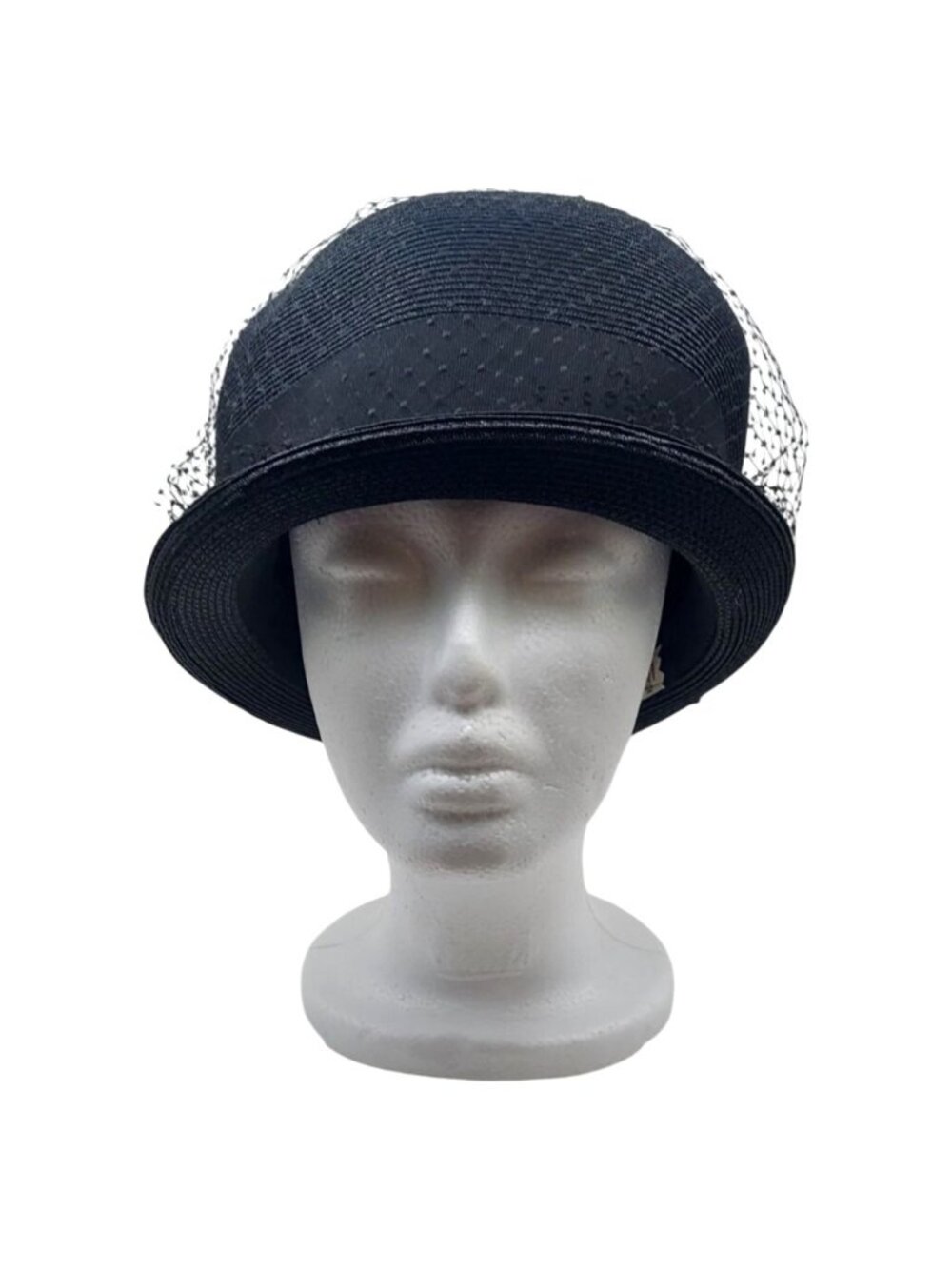 Black Cloche Hat Raffia Straw W/ Birdcage Netting & Bow Evelyn Varon Exclusive